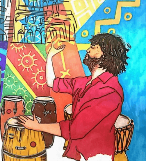 Rolo Verón, founder of Tierra y Aire, playing conga drums
